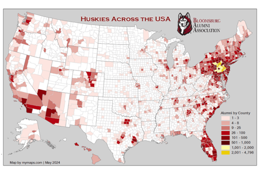 An image of the United States shaded by number of Bloomsburg alumni who reside in that area.