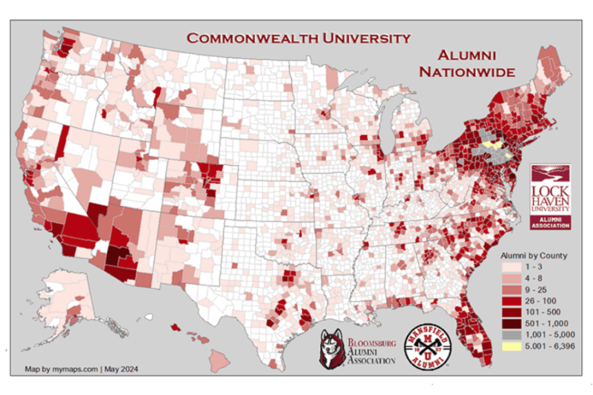 An image of the United States shaded by number of Commonwealth alumni who reside in that area.