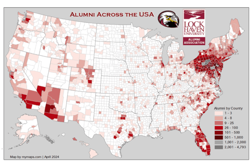 An image of the United States shaded by number of Lock Haven alumni who reside in that area.