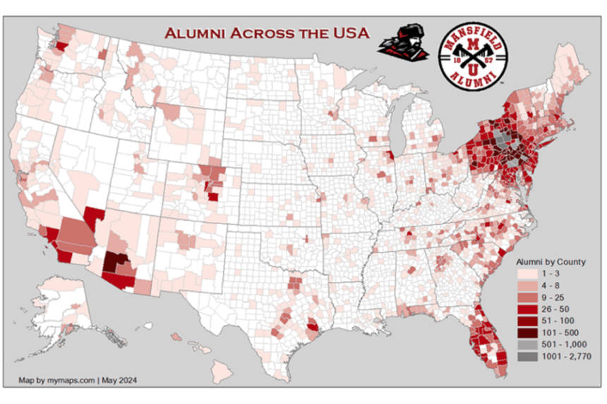 An image of the United States shaded by number of Mansfield alumni who reside in that area.