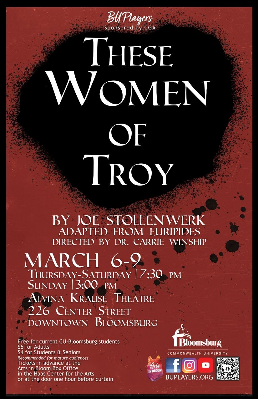 Poster for These Women of Troy, a BU Players play running March 6 through 9. The background has a large black splot that suggests a blood splatter.